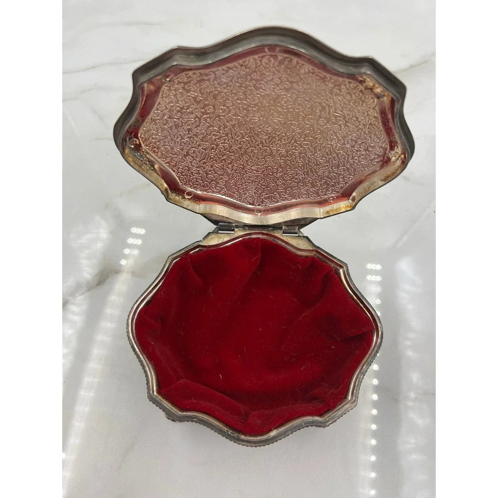 Vintage British Royal Coat of Arms Silver Footed Jewelry Box Red Velvet Lining